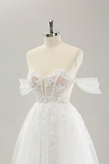 Princess style off the shoulder sweeping with decals and trailing lines