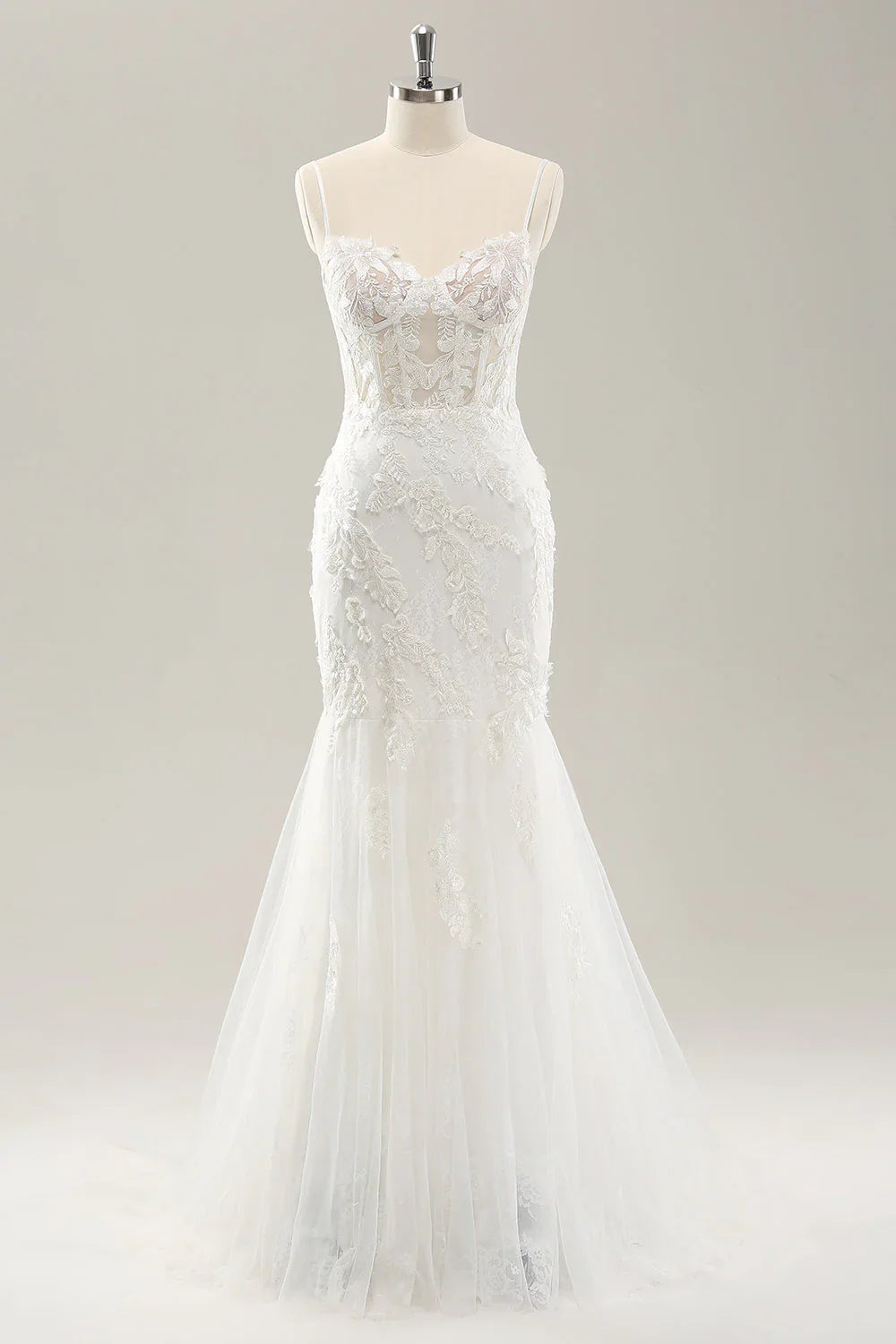 White mermaid thin shoulder strap decal lace tight corset wedding dress
