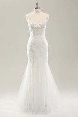 White mermaid thin shoulder strap decal lace tight corset wedding dress
