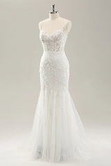 Floral lace white fishtail corset sheer wedding dress