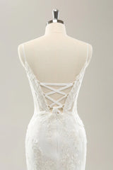 White mermaid thin shoulder strap decal lace tight corset wedding dress