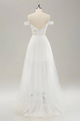White detachable chiffon off shoulder hollow wedding dress