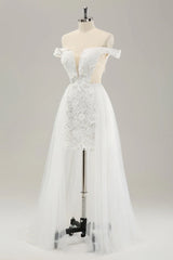 White detachable chiffon off shoulder hollow wedding dress
