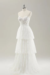 White strapless tight corset layered long wedding dress