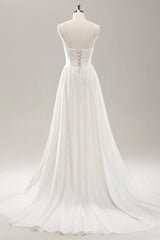 White thin shoulder strap slit satin trailing wedding dress