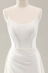 White thin shoulder strap slit satin trailing wedding dress
