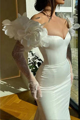 White Sweetheart Mermaid Satin Bride Dress with Flower Embellishments