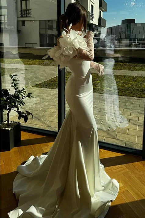White Sweetheart Mermaid Satin Bride Dress with Flower Embellishments