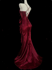 Burgundy Mermaid Straps Long Party Dress, Satin Prom Dress S201