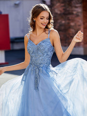 A Line Open Back Tulle Dress Dusty Blue