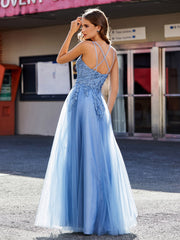 A Line Open Back Tulle Dress Dusty Blue