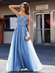A Line Open Back Tulle Dress Dusty Blue