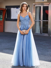 A Line Open Back Tulle Dress Dusty Blue