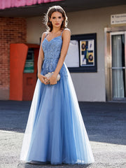 A Line Open Back Tulle Dress Dusty Blue