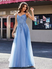 A Line Open Back Tulle Dress Dusty Blue