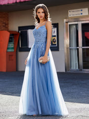 A Line Open Back Tulle Dress Dusty Blue