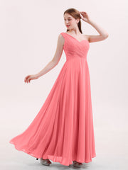 One Shoulder Chiffon Long Bridesmaid Gown-Watermelon