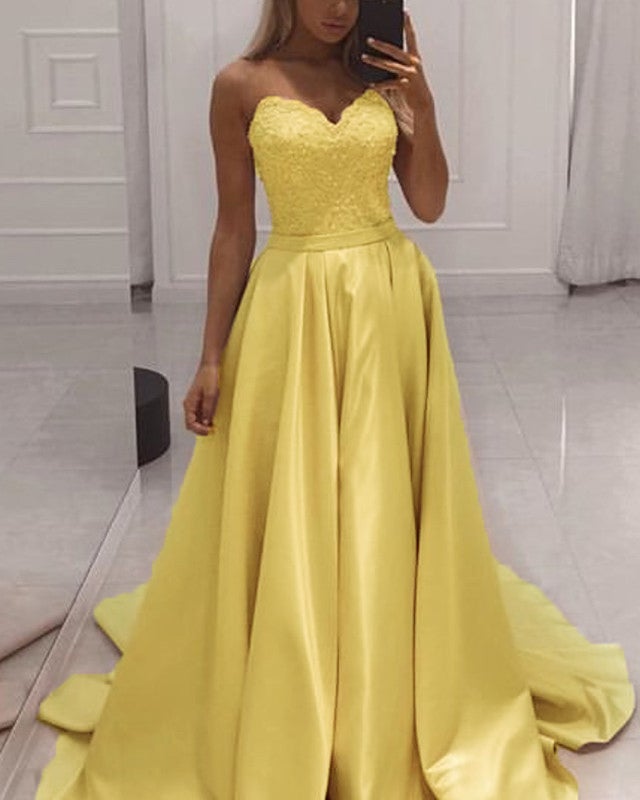 Yellow Sweetheart Satin Prom Dresses