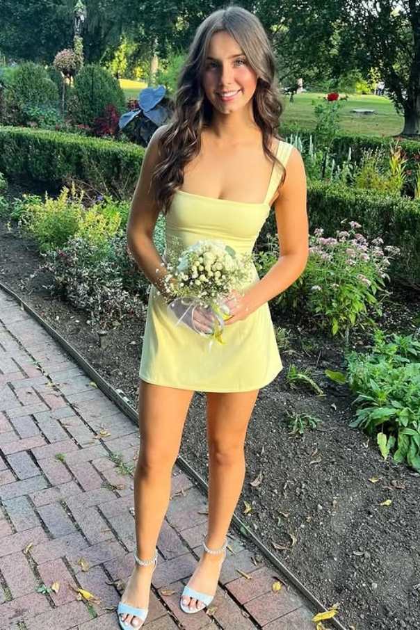 Cute Straps Square Neck Pleats Satin Mini Homecoming Party Dress
