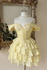 Yellow Lace Mini Dress Off Shoulder Corset Homecoming Dress
