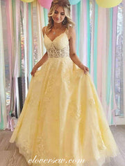 Yellow Lace Spaghetti Strap Lace Up Back A-line Senior Prom Dresses, CP0966