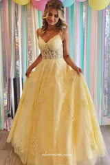 Yellow Lace Spaghetti Strap Lace Up Back A-line Senior Prom Dresses, CP0966