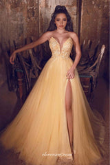 Yellow Lace Tulle Fashion Strapless A-line Side Slit Prom Dresses, CP0703