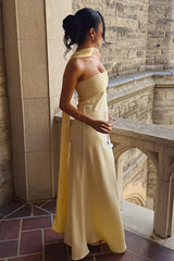 Yellow Satin Fitted Strapless Maxi Party Prom Dress Long