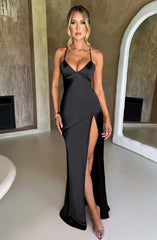 Yellow Satin Spaghetti Straps Sheath Long Prom Dress with Slit