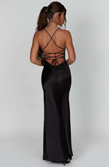 Yellow Satin Spaghetti Straps Sheath Long Prom Dress with Slit