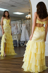 Yellow Satin Spaghetti Straps Sheath Ruffled Long Prom Dress with Slit