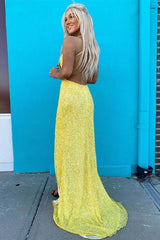 Yellow Sequined Mermaid Prom Dress V-Neck Long Evening Dress UK