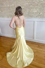 Yellow Spaghetti Strap Mermaid Criss-cross Back Long Prom Dress