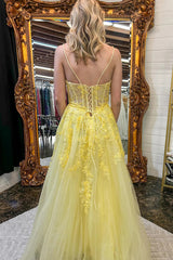 Yellow Spaghetti Straps A-line Lace Appliques Prom Dress TP1256