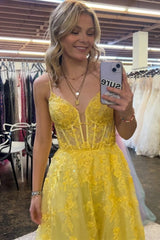 Yellow Spaghetti Straps A-line Lace Appliques Prom Dress TP1256