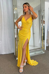 Yellow Sparkly Lace-Up Mermaid Sequins Long Prom Dress with Slit  TP1248