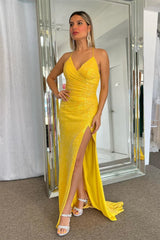 Yellow Sparkly Lace-Up Mermaid Sequins Long Prom Dress with Slit  TP1248