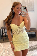 Yellow Sweetheart Tulle Lace Short Prom Dress Homecoming dress HD0139
