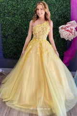 Yellow Tulle Applique One Shoulder Prom Dresses For Teens ,CP0842