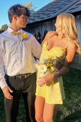 Yellow V-Neck Spaghetti Straps Pleats Satin A-Line Mini Homecoming Dress
