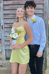 Yellow V-Neck Spaghetti Straps Pleats Satin A-Line Mini Homecoming Dress