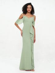 Spaghetti Straps Cloumn Dresses with Slit-Dusty Sage