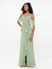 Spaghetti Straps Cloumn Dresses with Slit-Dusty Sage