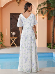 Lavender Floral Flutter Sleeves Chiffon Max Dresses with Sash Bow