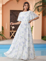 Lavender Floral Flutter Sleeves Chiffon Max Dresses with Sash Bow