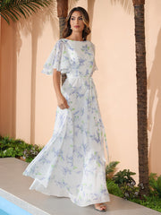 Lavender Floral Flutter Sleeves Chiffon Max Dresses with Sash Bow