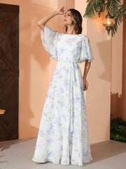 Lavender Floral Flutter Sleeves Chiffon Max Dresses with Sash Bow