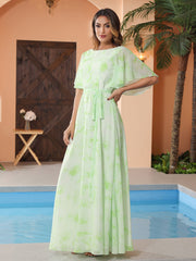Flutter Sleeves Chiffon Max Dresses with Sash Bow Sage Dream