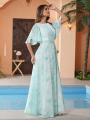Flutter Sleeves Chiffon Max Dresses with Sash Bow Minty Cloud
