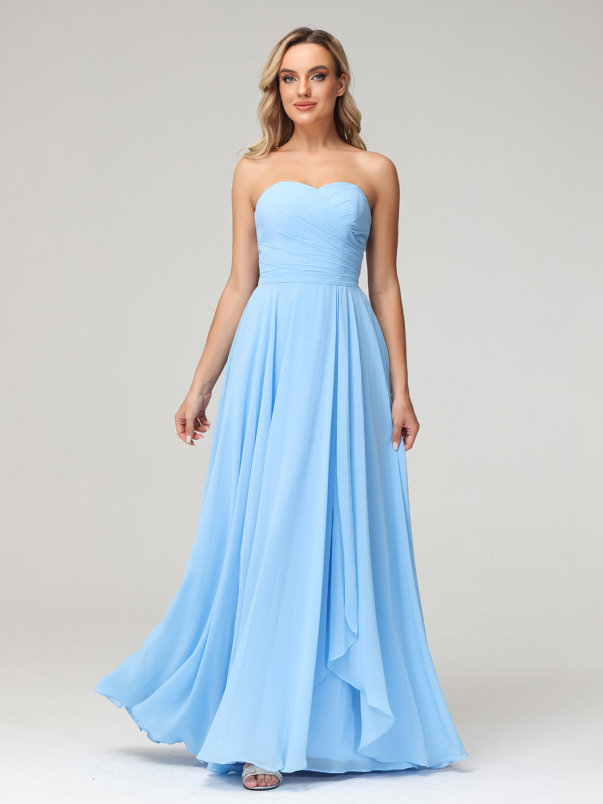 Strapless Sweetheart Neck Chiffon Long Dresses-Blue